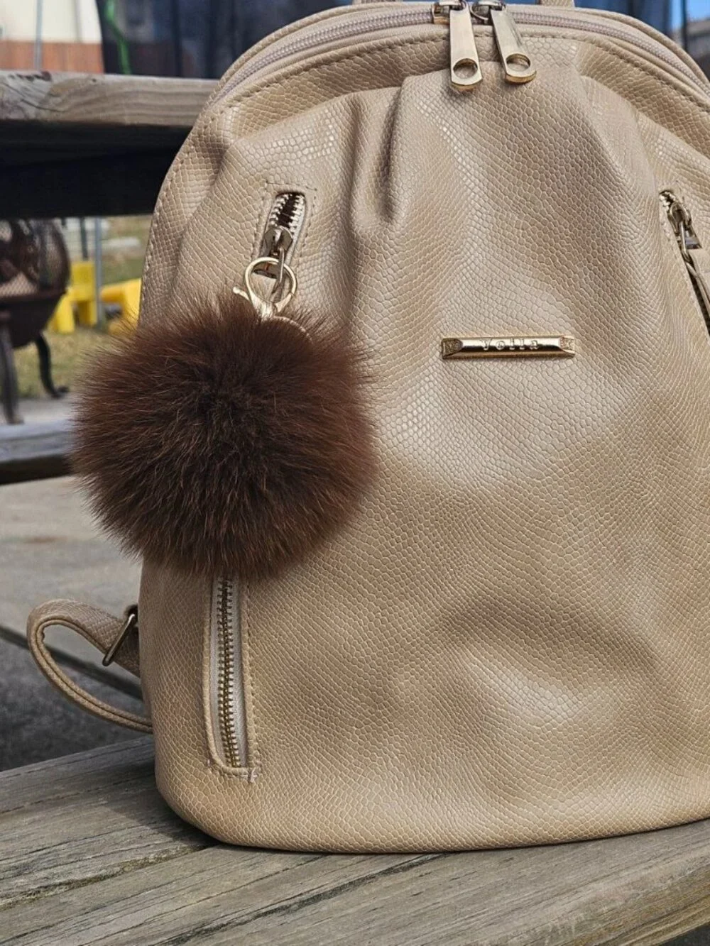 Brown Real Fox Fur Bag Charm, Soft Fur Keychain, Backpack accessory